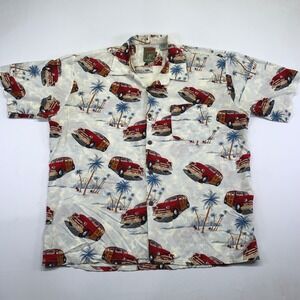 Pineapple Connection Hawaiian Shirt Size XL Red Woodie Car Palm Tree Rayon